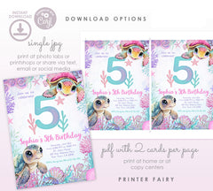 Sea Turtle 5th Birthday Invitation, Under the Sea Party (Instant Download)