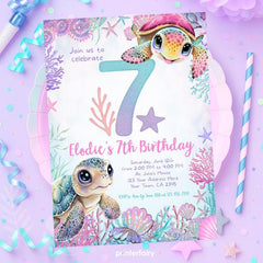 Sea Turtle 7th Birthday Invitation, Under the Sea Party (Instant Download)