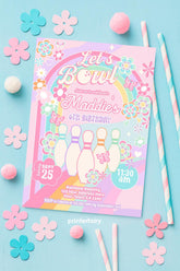Rainbow Bowling Birthday Invitation, Editable Template (Digital Download)