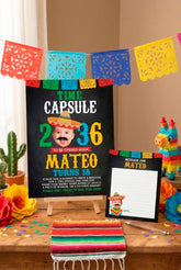 Mexican Fiesta Birthday Time Capsule with Photo Personalized Sign + Card, Digital Design