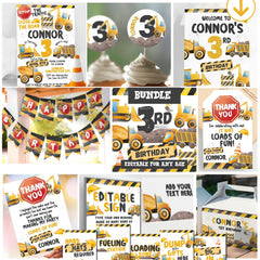 Construction 3rd Birthday Party Bundle Editable Templates, Instant Download