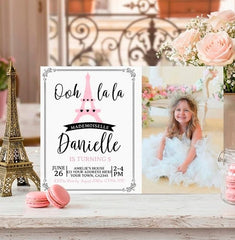 Paris Birthday Invitation with Photo, Pink Eiffel Tower, Instant Download