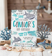 Shark Birthday Party Invitation Editable Template, INSTANT DOWNLOAD