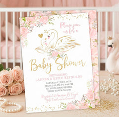 Swan Baby Shower Invitation Editable Template, INSTANT DOWNLOAD