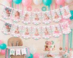 Donut 1st Birthday Monthly Photo Banner EDITABLE Template, Instant Download