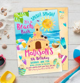Beach Birthday Party Invitation Editable Template, Sand Castle Invite, Instant Download