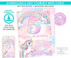 Unicorn 5th Birthday Party Invitation Editable Template, Instant Download