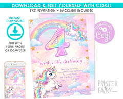 Unicorn 4th Birthday Party Invitation Editable Template, Instant Download