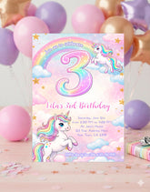 Unicorn 3rd Birthday Party Invitation Editable Template, Instant Download