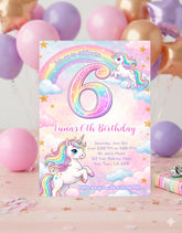 Unicorn 6th Birthday Party Invitation Editable Template, Instant Download