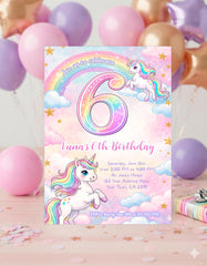 Unicorn 6th Birthday Party Invitation Editable Template, Instant Download