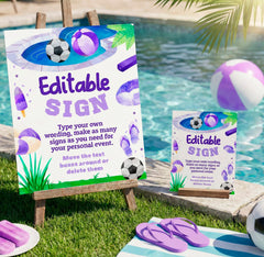 Soccer Pool Birthday Party Editable Sign Template, Instant Download