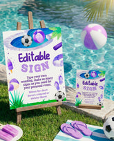 Soccer Pool Birthday Party Editable Sign Template, Instant Download