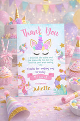Unicorn Pool Birthday Party Thank You Card EDITABLE TEMPLATE, Instant Download