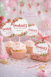 Strawberry Baby Shower Cupcake Toppers, Editable Round Labels (Digital Download)