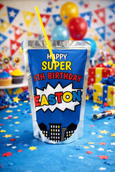 Superhero Birthday Drink Pouch Label Editable Template INSTANT DOWNLOAD