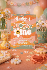 Groovy One Birthday Invitation, Retro Hippie First Party Invite (Editable Download)