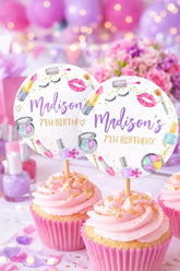 Editable Spa Party Cupcake Toppers, Glam Makeup Slumber Party Labels (Digital Download)
