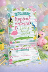 Tropical Animal Adoption Party Sign & Certificates (Digital Download)