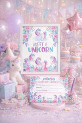 Unicorn Adoption Party Sign and Certificate, Instant Download