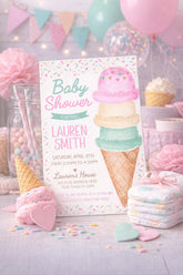 Ice Cream Twins Baby Shower Invitation, Watercolor Cone, Girls Party (Digital Download)