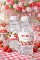 Strawberry Baby Shower Water Bottle Labels, Editable Party Decor (Digital Download)