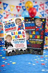 Superhero Sibling Birthday Invitation with Photo (Digital Invitation)