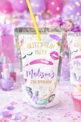 Spa Party Drink Pouch Labels, Glitz Glam Birthday Favors (Digital Download)