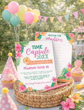 Luau Birthday Time Capsule Sign, Tropical First Birthday Message (Editable Template)