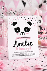 Panda Birthday Invitation Editable Template, Pink and Black, INSTANT DOWNLOAD