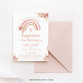 Boho Rainbow Baptism & Birthday Invitation Editable Template, Pastel Watercolor, Pink Boho, Pampas Grass Christening, INSTANT DOWNLOAD