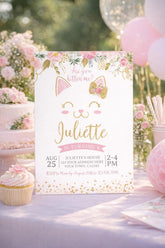 Floral Kitty Cat Birthday Invitation Editable Template for Any Age, Pawty Invite (Instant Download)