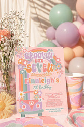 Groovin into Seven Invitation, 7th Birthday, 70s Hippie Party (Digital Instant Download)
