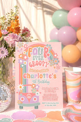 Groovy 3rd Birthday Invitation Editable Template, Daisy Rainbow Party (Digital Instant Download)