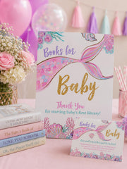 Mermaid Baby Shower Books for Baby Sign & Card (Editable Digital Download)