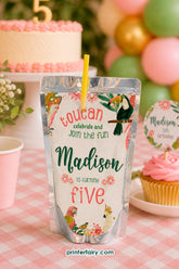 Tropical Birds Birthday Drink Pouch Label, Editable (Instant Download)