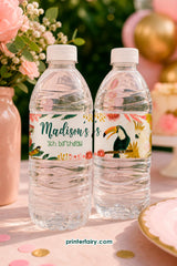 Tropical Birds Birthday Water Bottle Label, Editable (Instant Download)