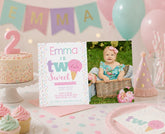 Two Sweet Ice Cream 2nd Birthday Invitation with Photo (Editable with Corjl)
