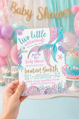 Mermaid Twins Baby Shower Invitation, Editable Template (Digital Download)
