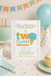 Two Sweet 2nd Birthday Invitation, Ice Cream Party, Editable Template (Digital Instant Download)