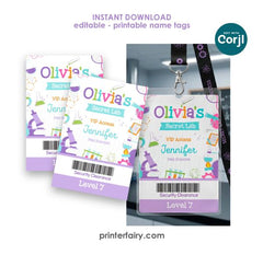 Science Birthday Party Editable Name Tag, Instant Download