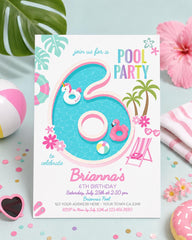 Pool Party Invitation for a 6th Birthday, Editable Template, Instant Download