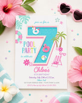 Pink Pool Party 7th Birthday Invite, Editable Unicorn Design, Instant Download