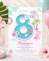 Editable Pool Party Invitation, Girl's 8th Birthday Summer Template, Instant Download
