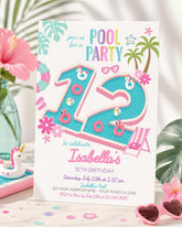 Pool Party Invitation, 12th Birthday Girl, Summer Splash Bash (Digital Download)