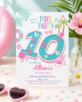 Pool Party Invite Girl 10th Birthday Editable Flamingo Unicorn Template, INSTANT DOWNLOAD