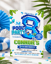 Boy Pool Party 8th Birthday Invitation, Editable Video Game Invite Template, INSTANT DOWNLOAD