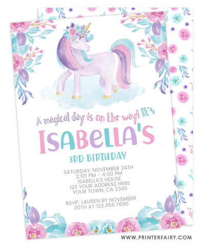Unicorn Floral Watercolor Birthday Invitation
