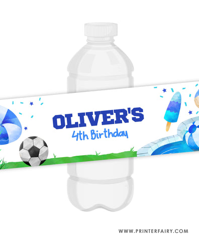 Pool & Soccer Birthday Party Bottle Label