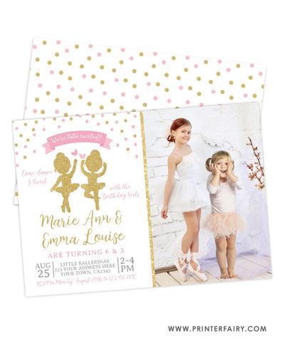 Ballerina Sibling Birthday Party Invitation with Photo